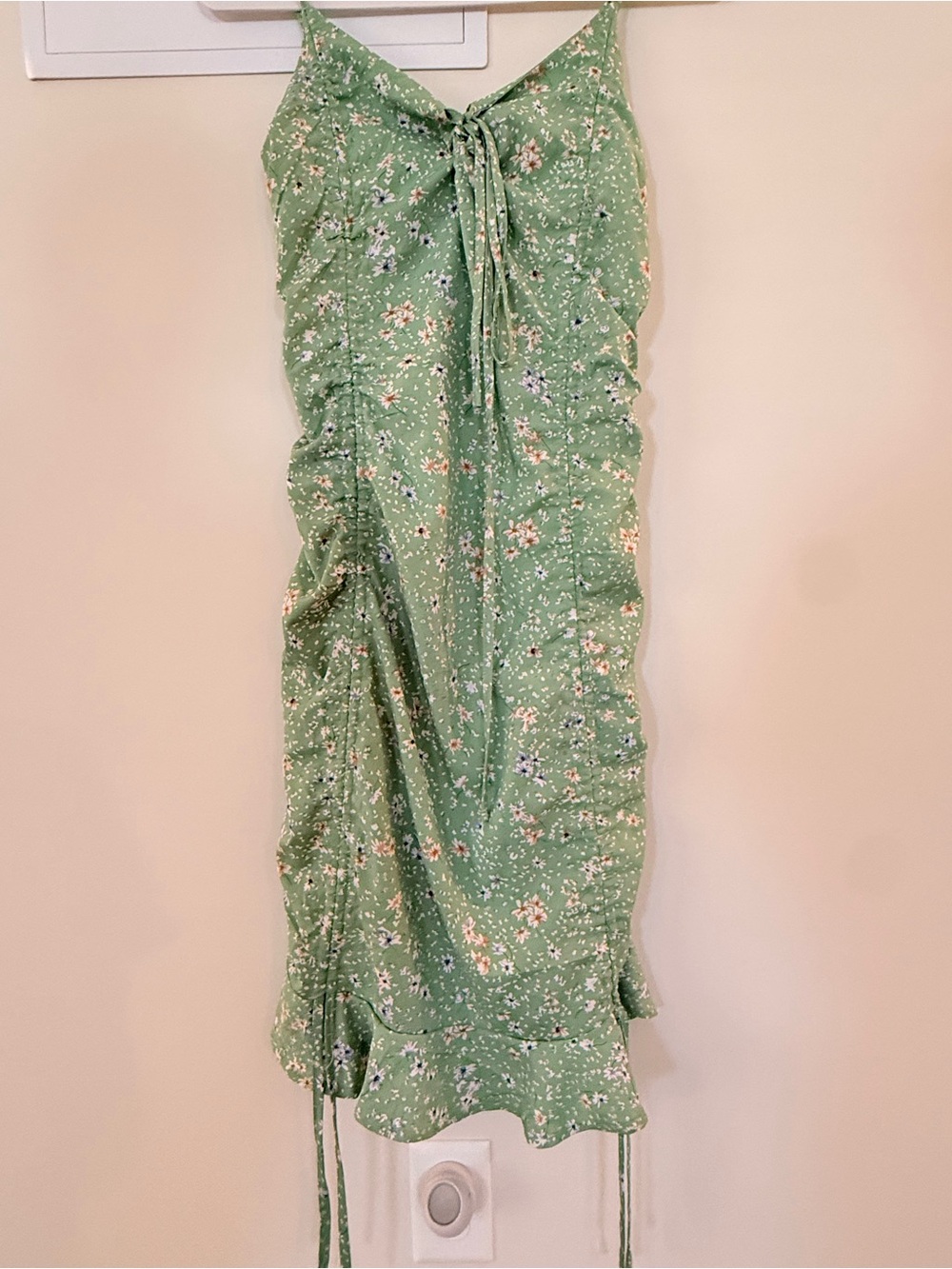 SHEIN Green Floral Ruched Midi Dress with Tie Front